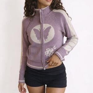 Athleta Y2K Butterfly Knit Purple Mock Neck Full Zip Sweater Size Small